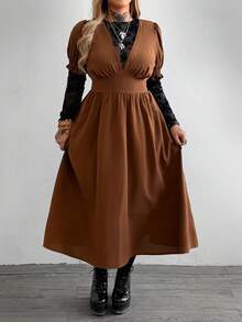Whyspr Đầm xòe tay ngắn, màu trơn, kiểu punk vintage dành cho nữ, có bèo nhún, viền eo. - màu nâu - Xem 3