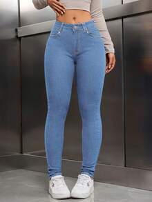 SHEIN Tall 修身中腰休闲日常牛仔裤 - 淺色水洗藍 - 查看 4