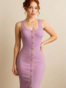 Vestido Sexy Dama Premium Vestido Entallado Vestido Botones Frontales Abertura Elegante Vestido Tirantes Vestido Ajustable Vestido Con Botones - lila - Ver 3