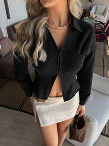 Firerie Women's Casual Waist Cinched Denim Blouse, Autumn,Deep V-Neck Denim Shirt,Black Denim Shirt,Cinched Waist Denim Shirt,Slim Fit Black Denim Shirt,Casual Office Denim Shirt,Slim Fit Cinched Waist Shirt,Deep V-Neck Slimming Shirt,Office Casual Slim Fit Shirt,French Laid-Back Deep V-Neck Shirt,Vintage Street Style Black Denim Shirt,Valentine's Day - Black - View 6