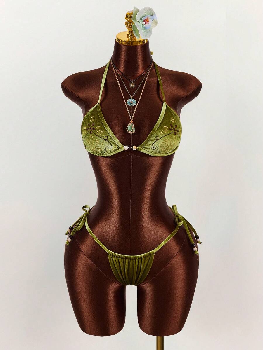 Amplova 2 chiếc áo crop top hở lưng thêu hạt cườm hình tam giác phong cách Bohemian dành cho nữ, màu xanh lá cây gợi cảm và tiên phong - màu xanh lá - Xem 1