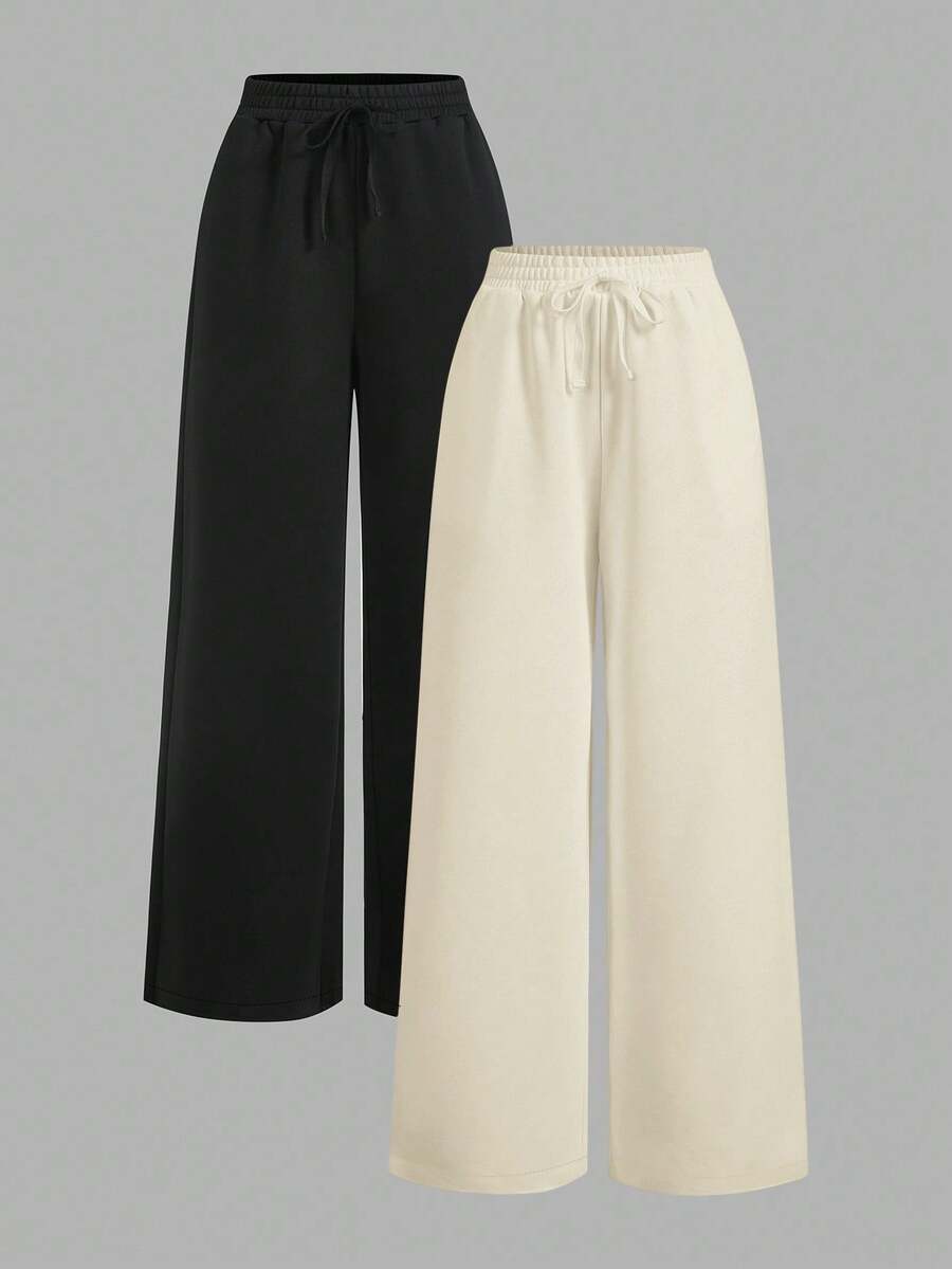 SHEIN EZwear 2件套女士休闲纯色阔腿运动裤 - 杏色 - 查看 1