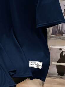 SHEIN 2pcs/Set Teen Boys Casual Loose Comfortable Woven Label Decor Short Sleeve Top And Shorts Set, Suitable For Spring/Summer - Navy Blue - View 6