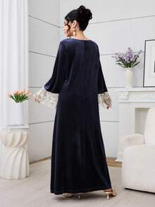 Al Najma Áo dài tay cổ tròn thêu lưới - Màu xanh lam - Xem 5