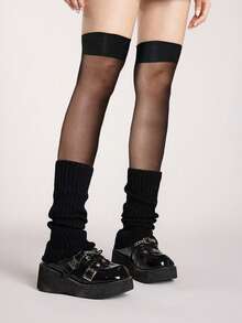ROMWE Goth 1 Par de Meias Pretas Minimalistas Acima do Joelho + 1 Par de Capas de Perna Pretas de Malha Sólida, Combinação de Empilhamento de Meias Acima do Joelho de Cor Sólida Estilo Y2K, Conjunto de Capas de Perna de Meias Transparentes Elásticas Finas, Adequado para Uso Diário (A imagem mostra apenas o efeito, o produto real precisa ser rasgado pelo cliente) - Preto - Visão 4