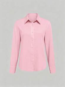 EMERY ROSE 女士休闲长袖纯色单排扣衬衫 粉色衬衫 女士衬衫 优雅商务休闲女衬衫 女士粉色纽扣衬衫 - 淺粉色 - 查看 3