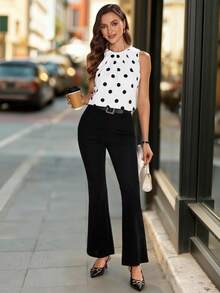 Editum Woman's Polka Dot Print Round Neck Sleeveless Shirtelegantcasualgraphic - Black and White - View 3