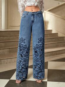 Selenza Women's High-End Floral Embroidery Hollow-Out Denim Jeans - Medium Wash - View 6