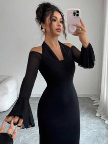 Elenzga Women's Elegant Halter Neck Patchwork Flare Sleeve Long Sleeve Dress, Autumn - Black - View 4