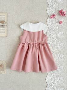 SHEIN 女婴休闲花卉刺绣领荷叶边无袖连衣裙，舒适柔软，适合春夏外出和送礼，3个月-3岁 - 粉色 - 查看 3