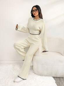SHEIN PETITE Bộ 2 áo len thường ngày cho nữ kèm áo cổ tròn dài tay viền tương phản và quần dài, trang phục mùa thu cho nữ - Màu be - Xem 7