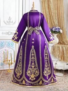 SHEIN Áo choàng Abaya Jalabiya màu tím thanh lịch cổ điển dành cho thanh thiếu niên, mùa xuân/hè, mang các yếu tố thiết kế truyền thống Trung Đông, phù hợp cho các buổi lễ gia đình và sự kiện văn hóa. - Màu tím - Xem 9