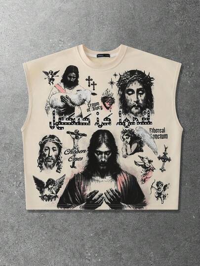 ROMWE MEN Street Life Herrväst med tryck, vintage streetstyle, löst beskuren