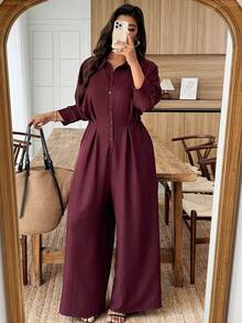 Weeklong Plus Size Women's Shirt Collar Jumpsuit With Ruffle Cuff, Waist Cinched, Casual & Office Wear, Spring/Summer