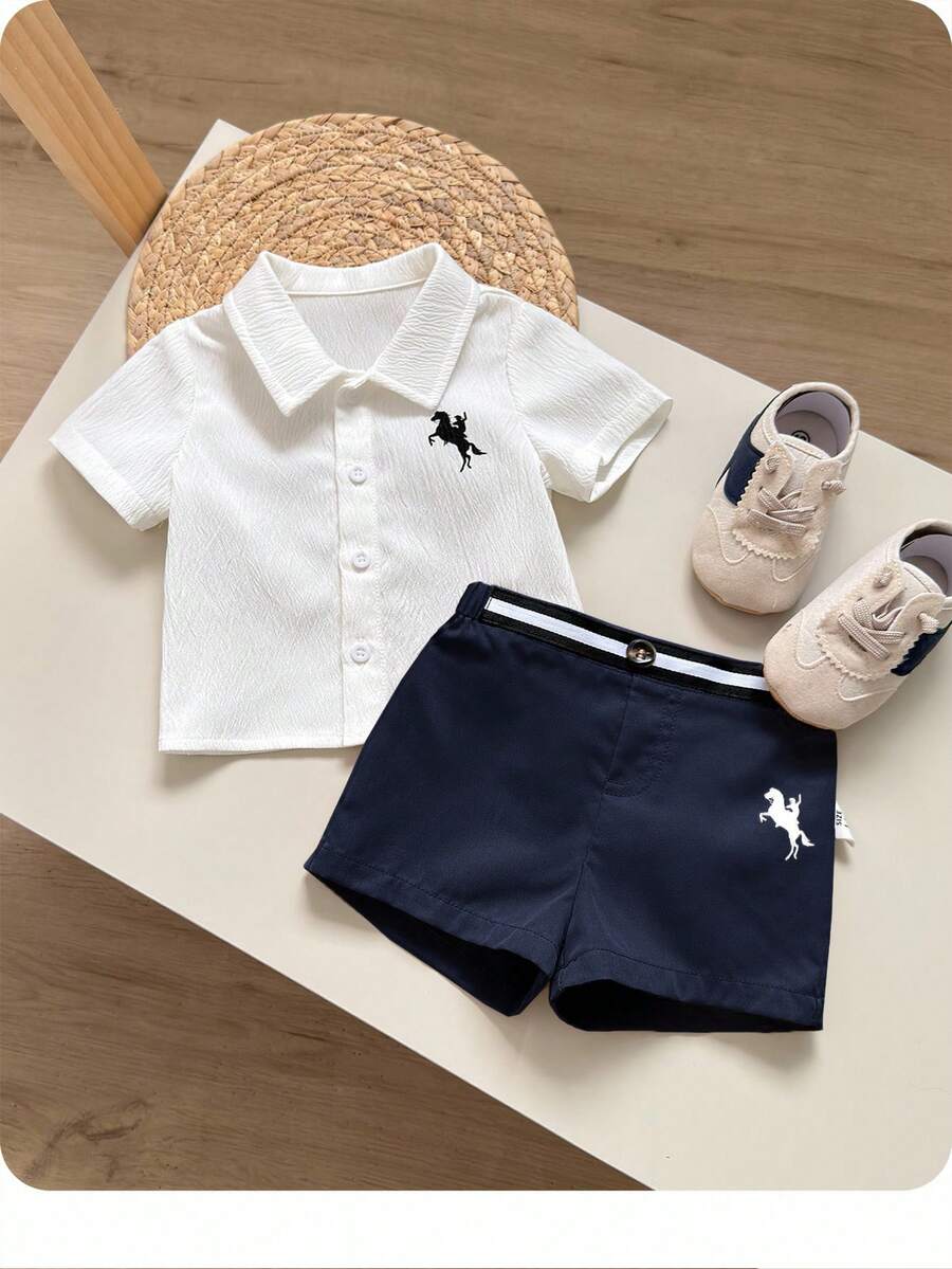 新生儿男/女宝宝可爱夏季休闲百搭白色短袖衬衫,配松紧腰带和卡其色腰带短裤套装 - 藏蓝色 - 查看 1