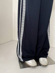 Muvela 女士撞色蕾丝抽绳腰阔腿宽松休闲裤 - 寶藍色 - 查看 10