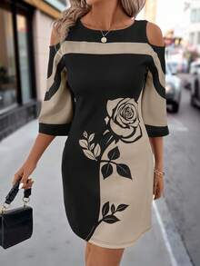 Editum Women's Elegant Contrast Color Rose Graphic Off Shoulder Scoop Neck Dresselegantcasualgraphic - Khaki - View 1