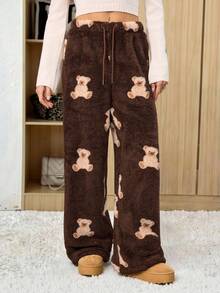 SHEIN Tall Women's Casual Cartoon Bear Pattern Drawstring Waist Teddy Fleece Long Pants, Autumn/Winter - Brown - View 10