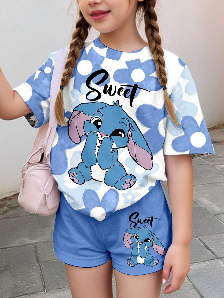 SHEIN 2pcs Kawaii Cartoon Blue Rabbit Stitch Pattern,Blue Ombre Floral Young Girl Casual Minimalist Short Sleeve T-Shirt And Shorts Set,Suitable For Summer - Multicolor - View 1