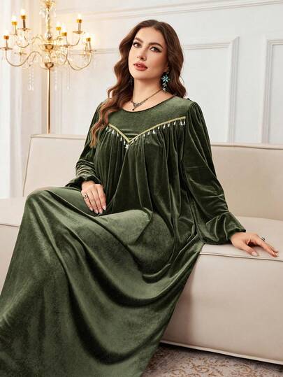 Al Najma Plus Size Long Sleeve Solid Velvet Ruffle Trim Maxi Abaya Dress For Women