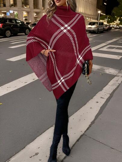 SHEIN Clasi 女士格子高领斗篷毛衣，优雅秋冬款