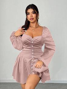 Elenzga 大码波点心形领荷叶边长袖性感连衣裙 - 粉色 - 查看 3