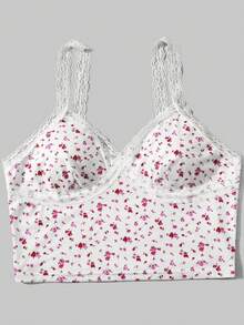 ROMWE Kawaii Plus Size Casual Ditsy Floral Camisole & Solid Color Top 2-Piece Set, Versatile For Spring Valentine's Day - Burgundy - View 2