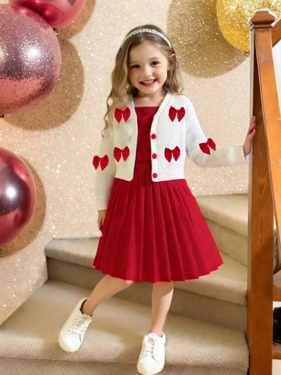 Elladie kids 2 件套年轻女孩时尚红色圆领褶皱无袖连衣裙搭配白色罗纹长袖开衫夹克，可爱俏皮风格适合派对，春秋季 - 紅色 - 查看 1