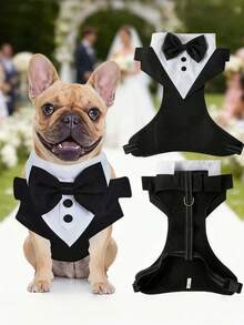 1 pieza Elegante traje de boda para mascotas con chaleco, corbata de moño, arnés y correa para perro para ceremonias, fiestas, celebraciones formales, Navidad, cumpleaños, sesiones de fotos y disfraces para mascotas - Blanco y Negro - Ver 7