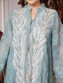 Al Najma Plus Size Women's Elegant Loose Long Sleeve Arabic Style Dress With Embroidered Mesh Trim, High-End And Romantic Kaftan Jalabiya Dress - Green - View 4