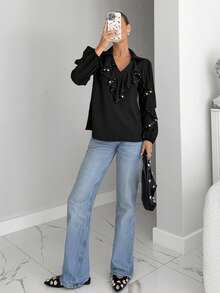 Siren Gaze 纯色水钻装饰优雅荷叶边长袖衬衫 - 黑色 - 查看 3