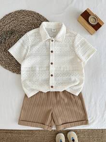 LMoss Kids 男童短袖衬衫和棕色短裤两件套，舒适休闲时尚，日常可爱学院风简约百搭，适合室内、户外滑雪、日常穿着、运动、聚会、秋冬季摄影等场合。 - 彩色 - 查看 5