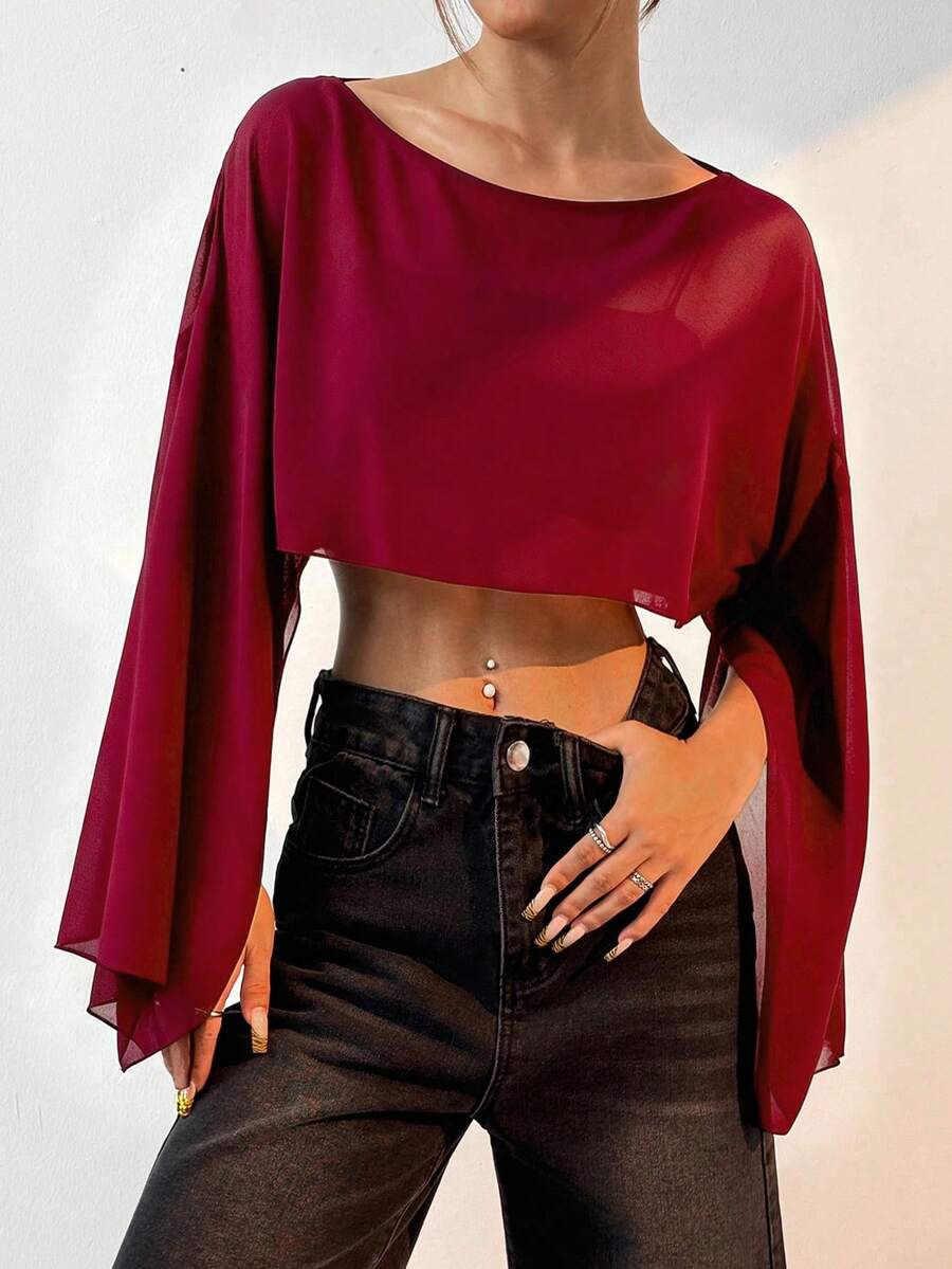 SHEIN EZwear 女士时尚性感纯色短款衬衫 - 紅色 - 查看 1