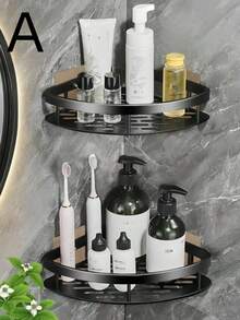 穿孔壁挂式置物篮套装，1/2 件装转角收纳架，适用于浴室和厨房收纳，悬挂式淋浴置物架，可放置洗漱用品 - 黑色 - 查看 5