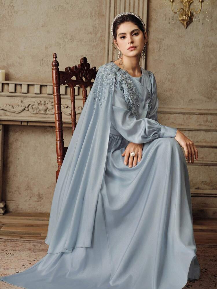 Women's Elegant Long Satin A-Line Pleated Dress, Blue Color, Long Sleeve, Formal Occasion Gown