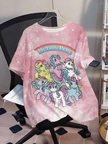My Little Pony X SHEIN 大码夏季休闲马匹印花圆领短袖T恤
