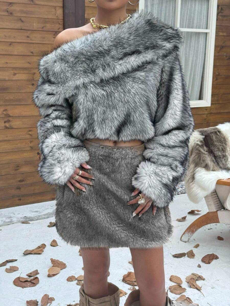 Muchica Áo khoác dài tay có dây đeo vai bằng lông giả thời trang dành cho nữ, mùa đông - Xám - Xem 1