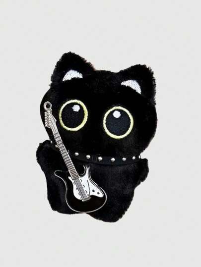 Kawaii 1 pezzo Collana con ciondolo a forma di chitarra in stile retrò punk in peluche nero, accessorio multifunzione a forma di gatto nero - portachiavi, charm per borse, può essere appeso a borse, pantaloni, adatto per uso quotidiano, campus, shopping, appuntamenti, ecc.