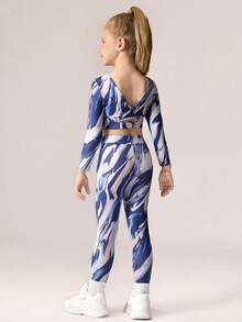 SHEIN Conjunto de 2 piezas de ropa deportiva para niñas, azul granito, camiseta deportiva de ajuste elástico con diseño de espalda cruzada y mallas, adecuado para fitness en casa, caminatas al aire trotar - Multicolor - Ver 3