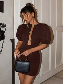 EURMUSE Women's Solid Gold Accessory Detailed Short Dress - Brown - View 3