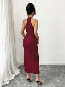 Elenzga Đầm Maxi Bodycon xẻ tà cao cổ chữ V phối ren thanh lịch dành cho nữ, thích hợp mặc đi nghỉ, hẹn hò, tụ tập hàng ngày và dự tiệc, mùa Xuân/Hè - Màu Đỏ Sâu - Xem 2