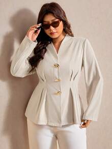 Elaquor Áo blazer nữ cỡ lớn, thanh lịch, tối giản, đa năng, có khóa kim loại ở eo, xếp ly, màu mơ, thích hợp cho mùa xuân. - Màu be - Xem 6