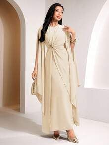 Veilorie Twist, Pleated, Decorated Button, Waist Cinched Elegant Summer Dress - Khaki - View 2