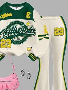 年轻女孩复古美式学院风运动数字23印花圆领长袖卫衣和喇叭裤套装 - 彩色 - 查看 5