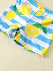 SHEIN 3pcs/Set Baby Boy/Girl Casual Vacation Cute Lemon Stripe Patchwork Rash Guard Swimsuit Set, Long Sleeve Sun Protection Swimwear, Suitable For Spring/Summer/Autumn/Winter Swimming, Surfing, Beach, Hot Spring