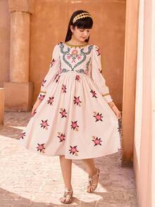 Traditionelles arabisches Kleid für Tween Mädchen, elegantes Retro-Blumenkleid mit Kragen, Blumenstickerei, taillierter Taille, Langarm, ausgestellter Rock - Verschiedenfarbig - Übersicht 7