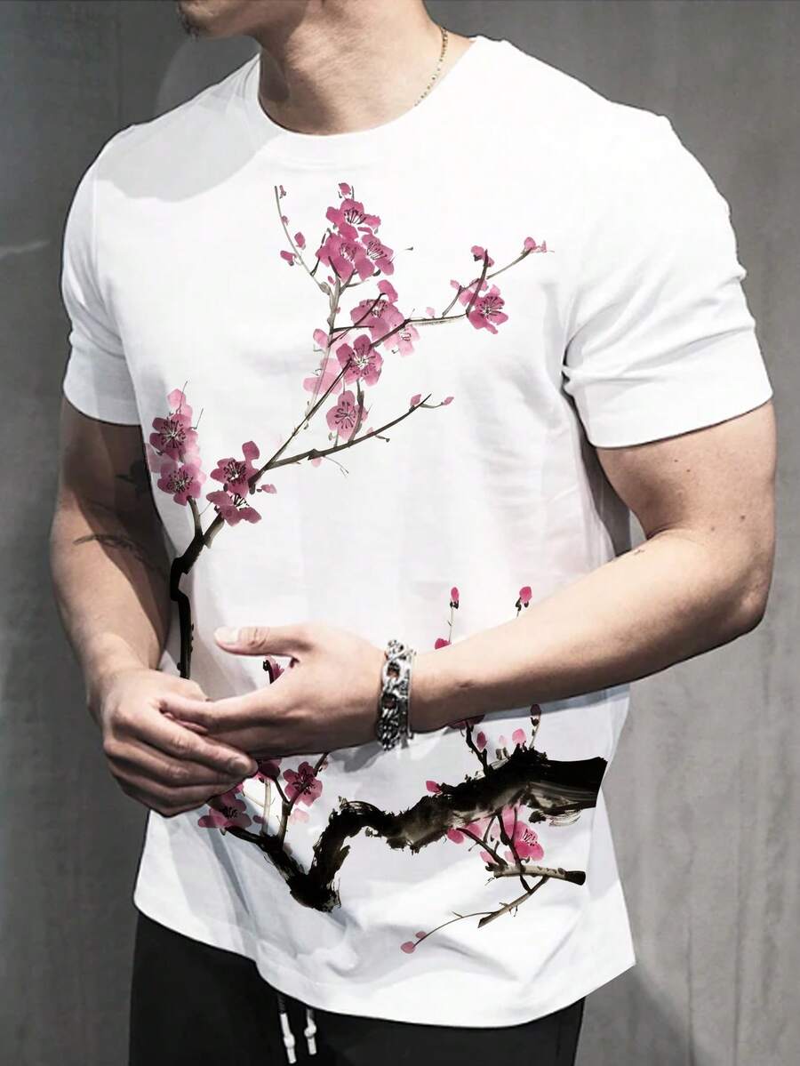 Manfinity Men's Floral Print Casual Round Neck Short Sleeve T-Shirt - White - View 1