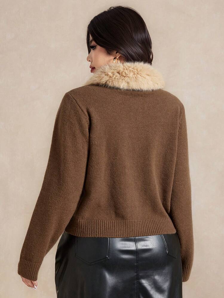 Dazy Plus Plus Size Women Casual Loose Fit Pullover Sweater With Patchwork Fur Collar, Autumn/Winter