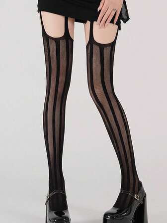Grunge Punk زوج من جوارب معلقة سوداء ذات طابع جنسي وبسيط، جوارب شفافة رفيعة ذات خطوط عمودية، بتصميم حسي وبسيط