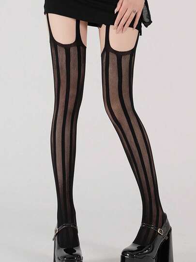 Grunge Punk زوج من جوارب معلقة سوداء ذات طابع جنسي وبسيط، جوارب شفافة رفيعة ذات خطوط عمودية، بتصميم حسي وبسيط